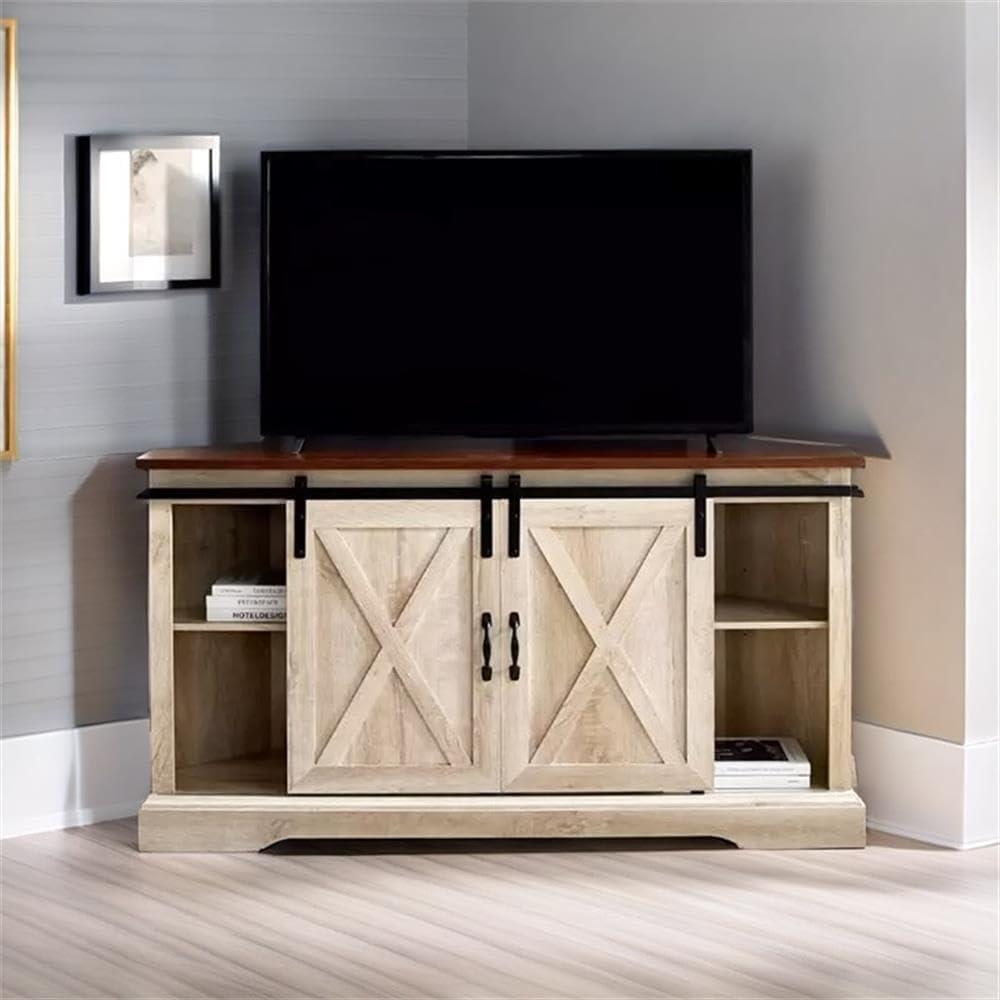 Traditional Brown and White Oak Corner TV Stand with Sliding Barn Doors