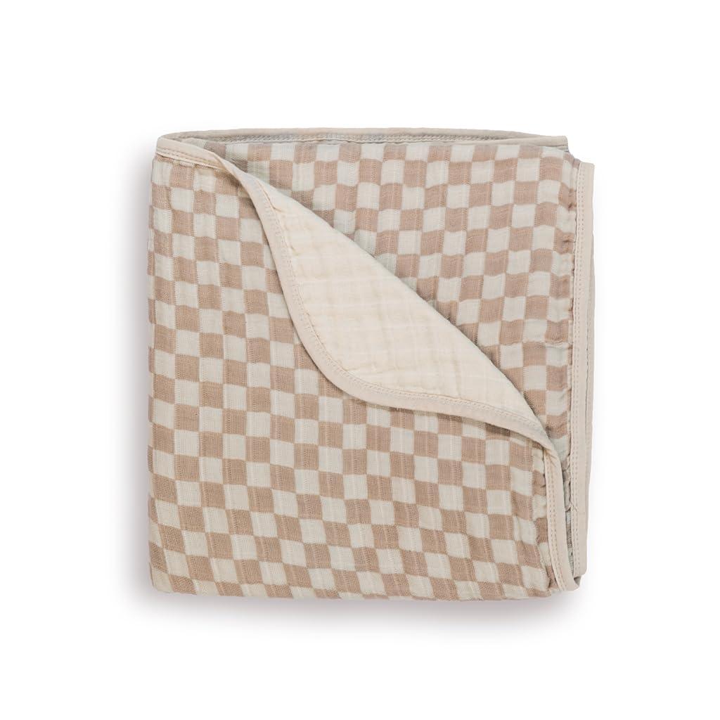 Soft Cotton Muslin Reversible Baby Blanket in Beige and White