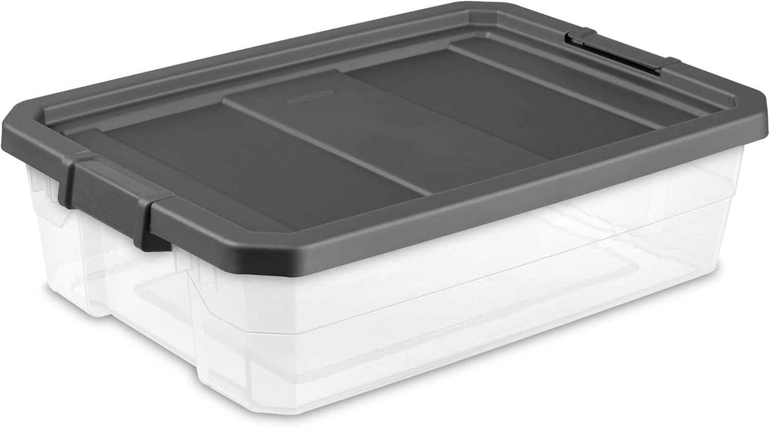 Flat Gray Plastic Stackable Lidded Storage Box, 40 Qt