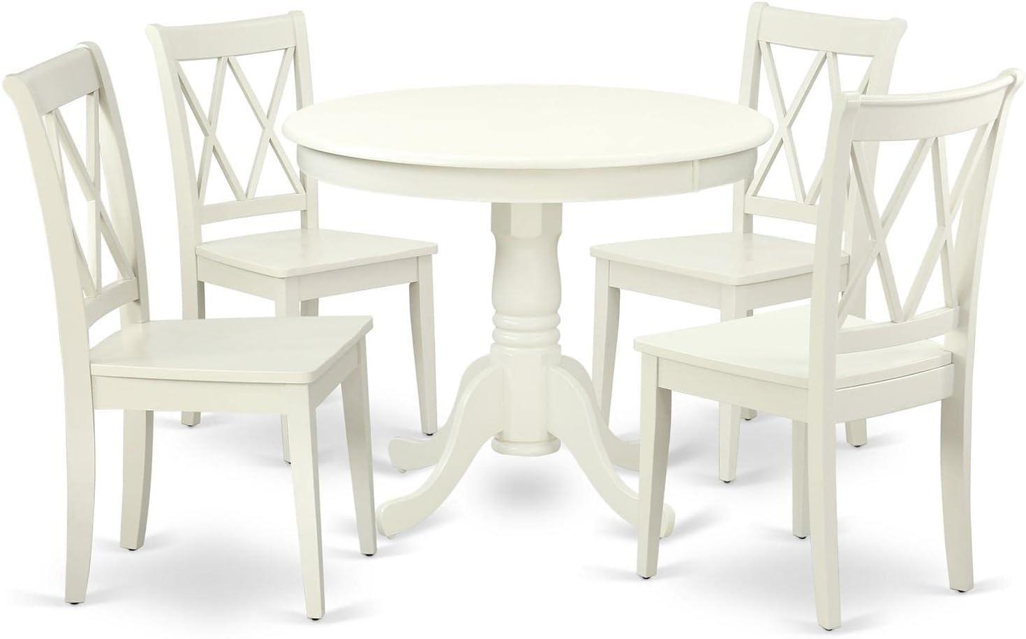 Transitional Linen White 5-Piece Pedestal Dining Set with Cross Back Chairs