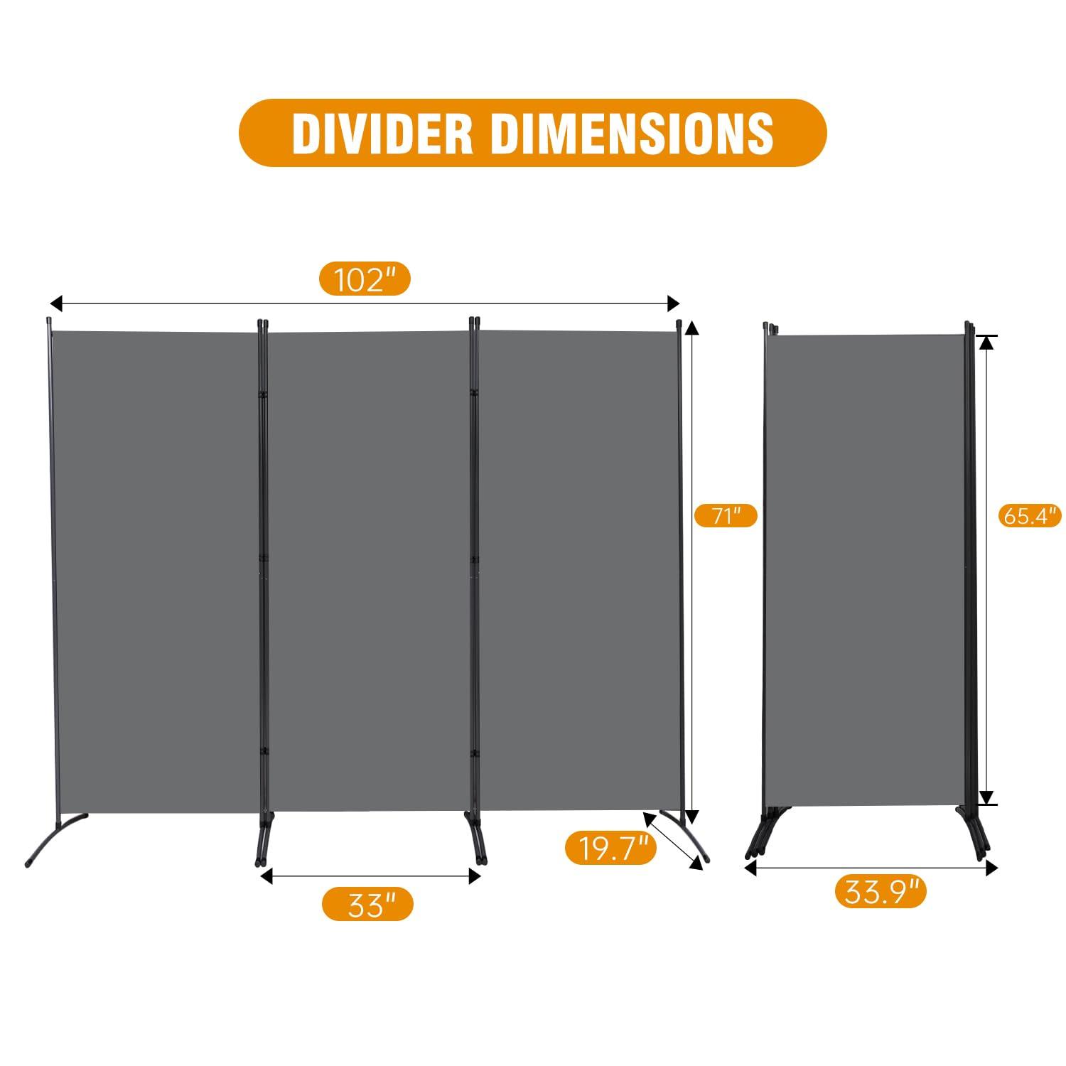 JVVMNJLK Indoor Room Divider,Portable Office Divider,Convenient Movable(3-Panel),Folding Partition Privacy Screen for Bedroom,Dining Room, Study,102" W x 19.7" D x 71.3" H,Dark Gray