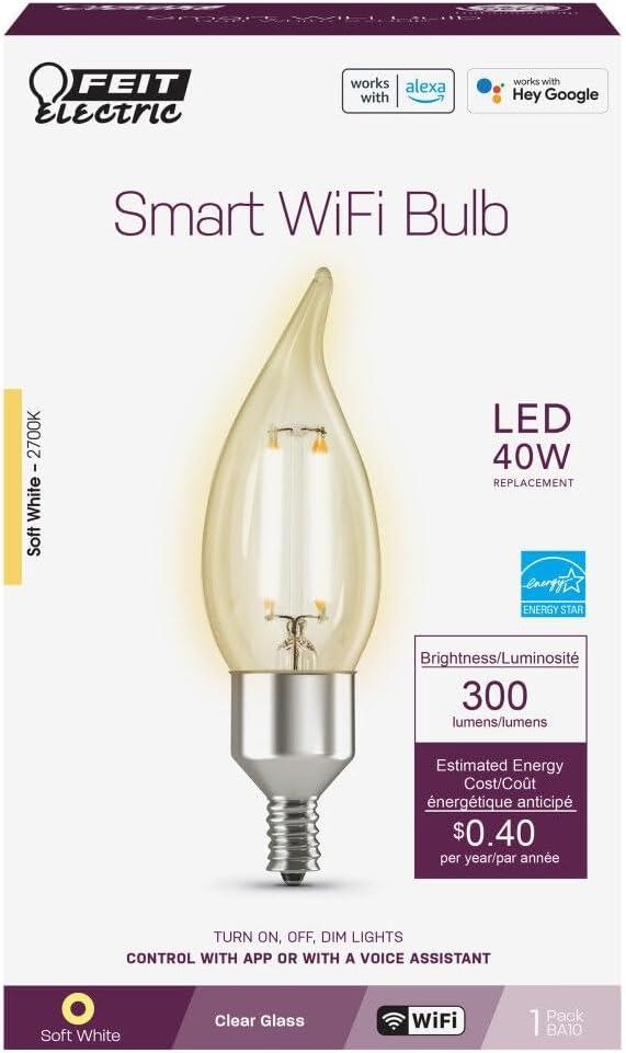 Feit Electric CFC40/927CA/FIL/AG 40 Watt Equivalent WiFi Dimmable, No Hub Required, Alexa or Google Assistant, Flame Tip Filament Chandelier LED Smart Light Bulb, 4.3" H x 1.4" D, 2700K Soft White