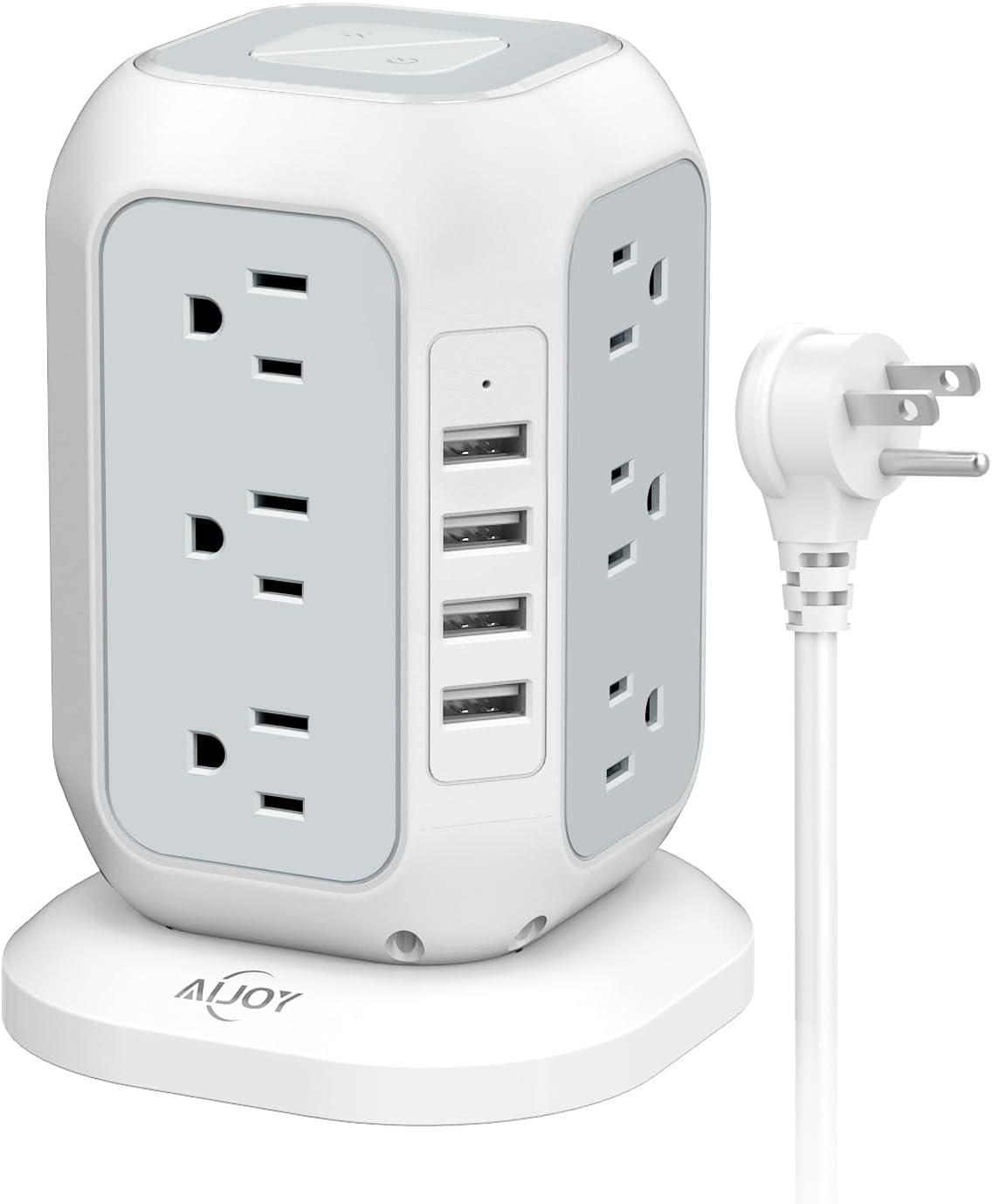 Compact White and Gray ABS Travel Power Strip Tower with USB Ports