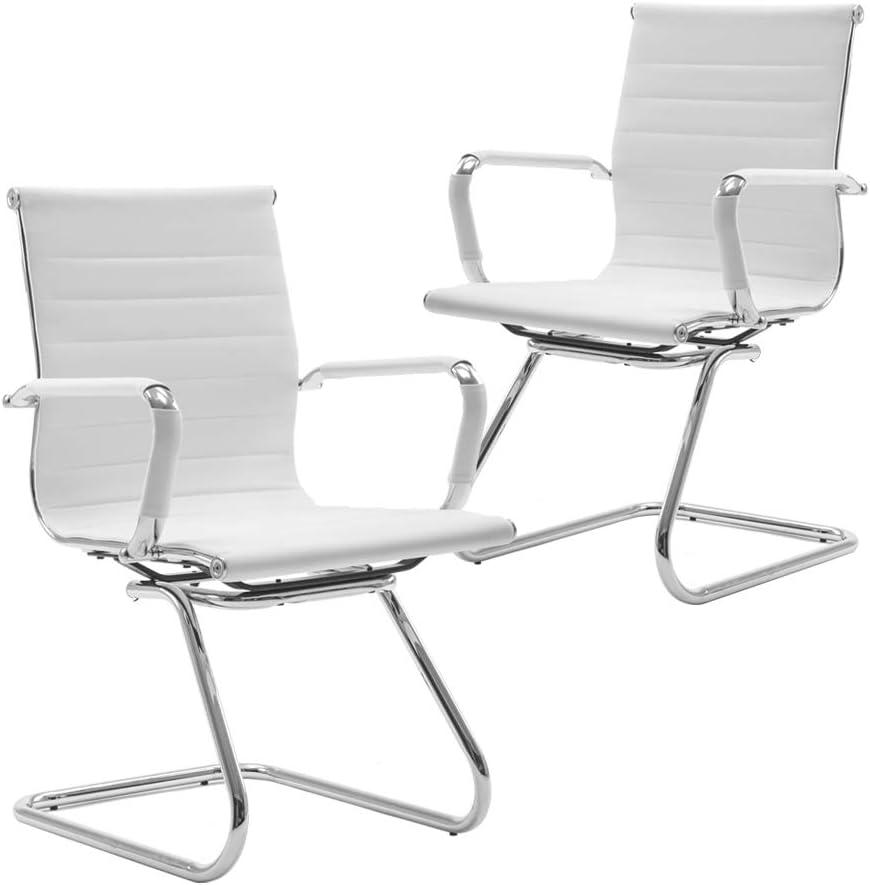 Guyou Modern Mid Back Office Guest Chair Set of 2, Faux Leather Reception Chair Computer Chair with Armrests and Metal Sled Base for Meeting/Waiting/Conference Room, No Wheels, White