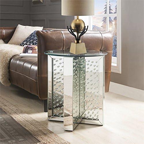 Round Mirrored Metal End Table with Glass Top and Crystal Accent Base Silver - Saltoro Sherpi