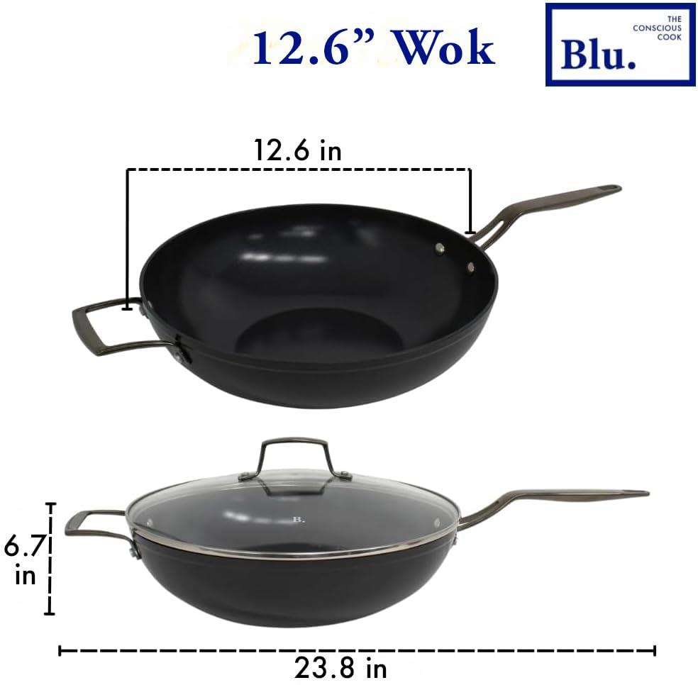 Blu. Cookware 12.6” Wok with Lid, Durable Non-Stick Stir Fry Pan