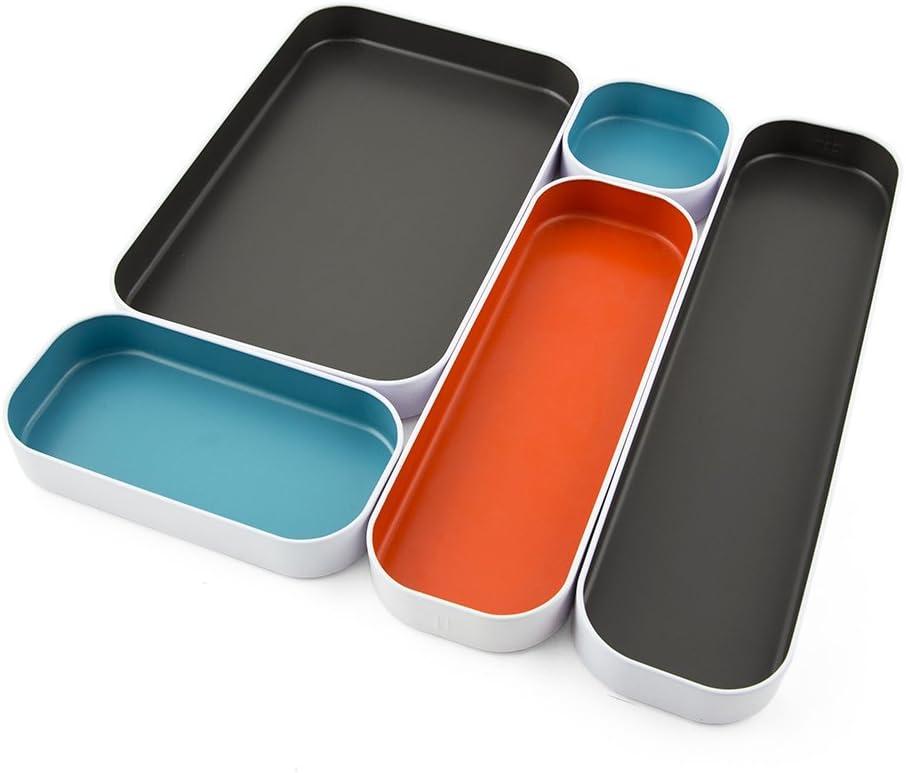 Three by Three Seattle 5 Piece Metal Organizer Tray Set for Storing Makeup, Stationary, Utensils, and More in Office Desk, Kitchen and Bathroom Drawers (1 Inch, Gray, Sky Blue, Orange)