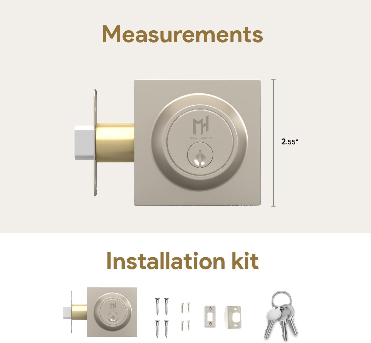 Mega Handles - SUANA Deadbolt I Entrance Deadbolt Lock - Heavy Duty Square Locking Deadbolt for Left or Right-Handed Doors - Interior/Exterior - Satin Nickel