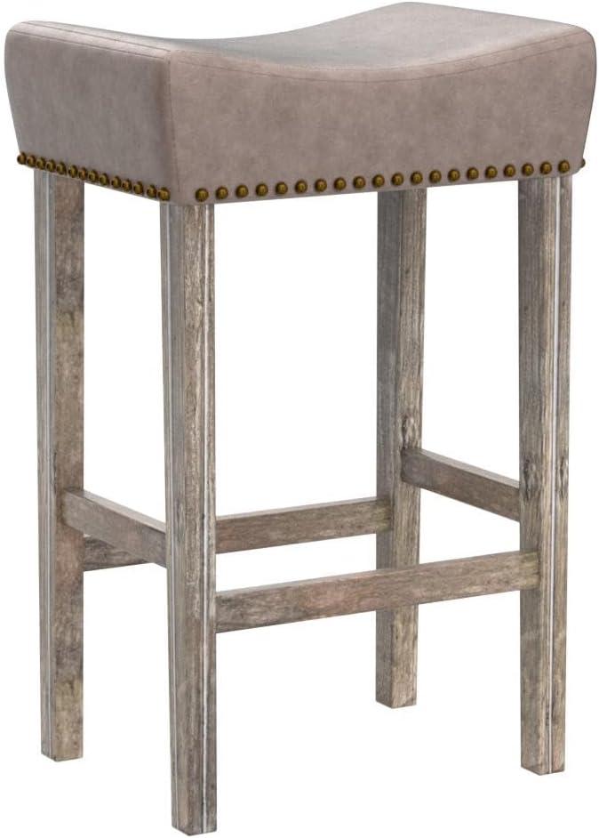 Bar Stools Set of 2, 26" Faux PU Leather Upholstered Counter Height Backless Saddle Stools with Nailhead Trims and Solid Wood Legs Farmhouse Island Chairs for Kitchen Dining Room Pub, Gray
