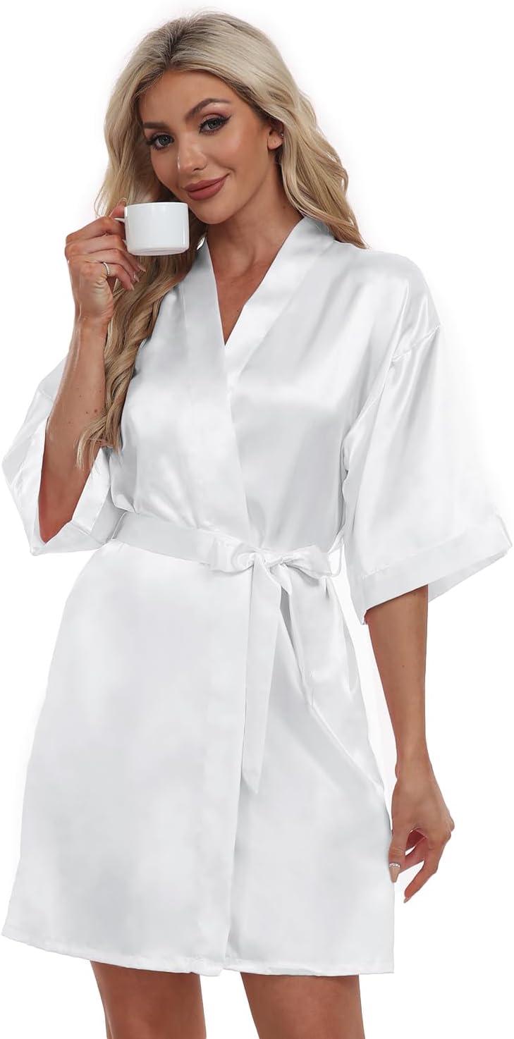 ZZwxWA Batas de Seda para Mujer con Cinturón Dama de Honor Fiesta de Boda Bata de Baño de Kimono Satinado Camisón de Media Manga Ropa de Dormir