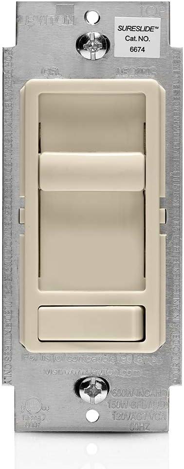 Leviton 6674-P0T SureSlide Universal 150-Watt LED and CFL/600-Watt Incandescent Dimmer, Light Almond
