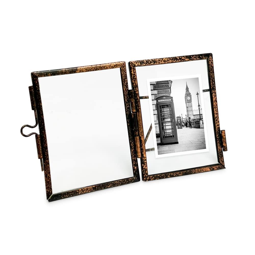 Isaac Jacobs 2x3, Antique Bronze, Vintage Style Brass and Glass, Metal Floating Picture Frame Vertical with Locket Closure, for Photos, Art, More, Tabletop Display 2x3 Antique Bronze