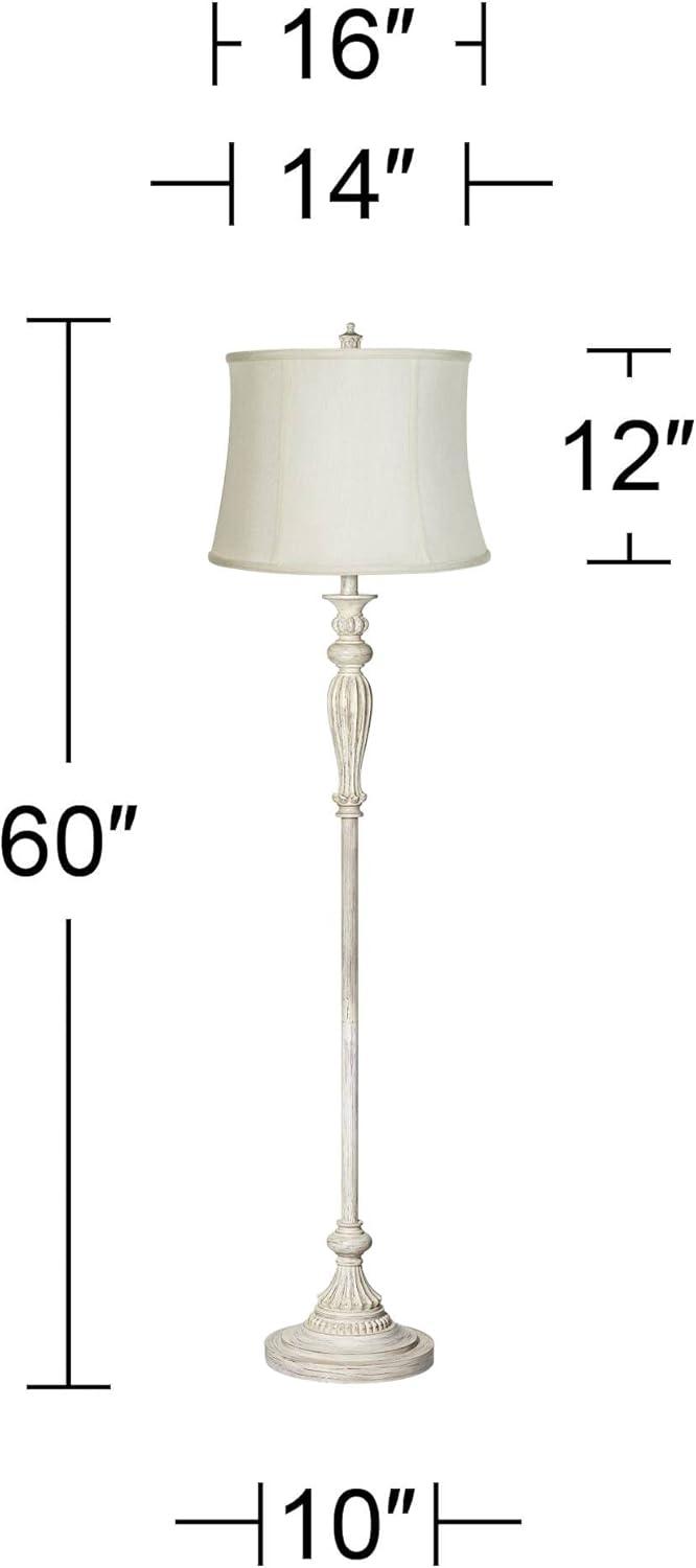 360 Lighting Vintage Shabby Chic Floor Lamp 60" Tall Antique White Washed Creme Fabric Drum Shade for Living Room Reading Bedroom Office