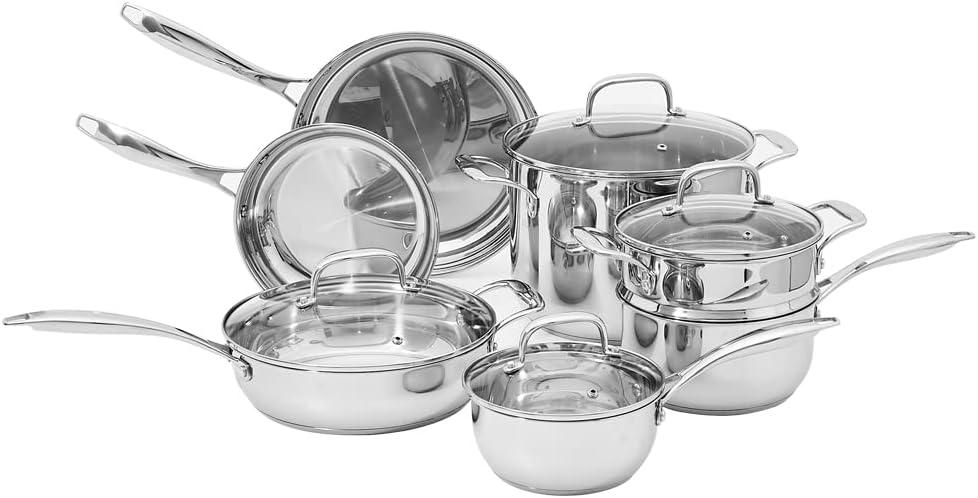 Stainless Steel and Aluminum 11-Piece Cookware Set with Glass Lids