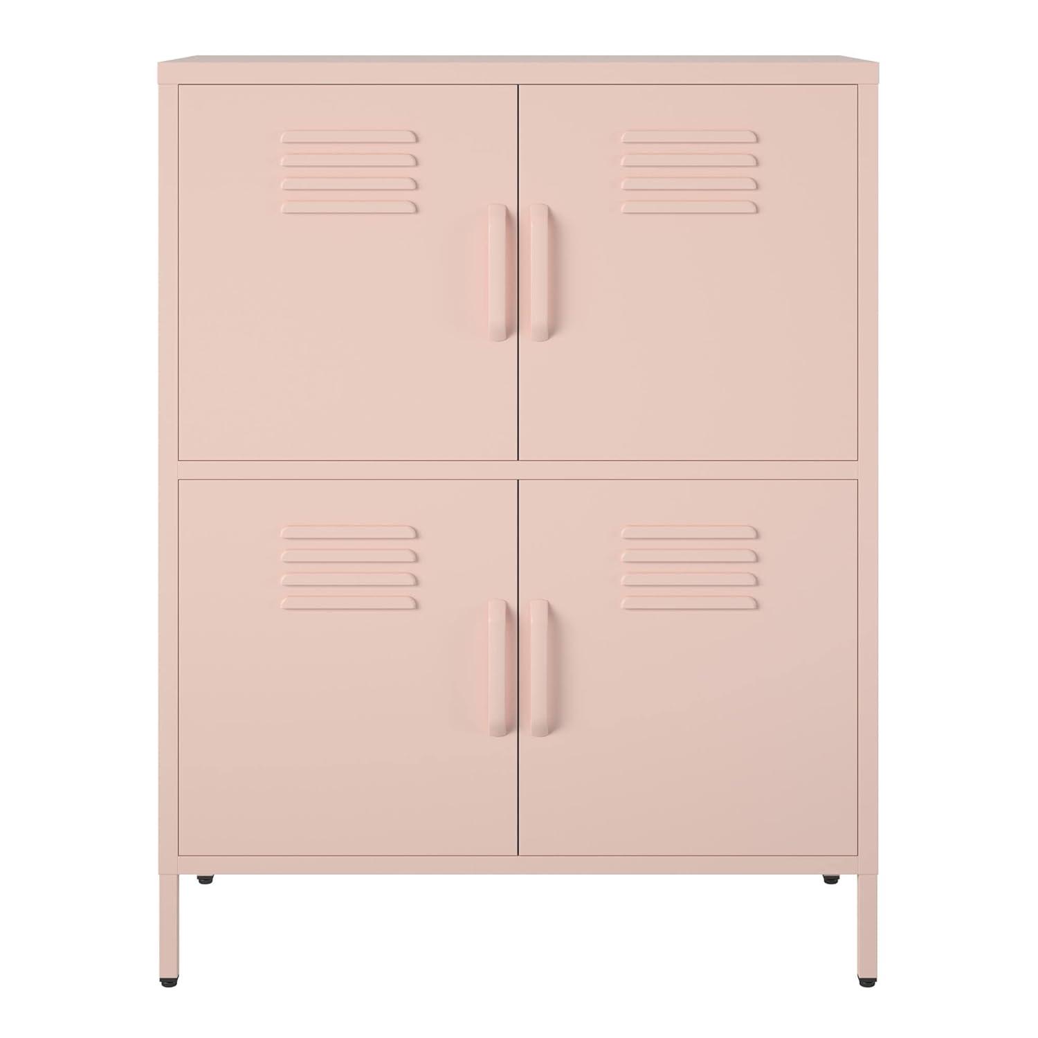 RealRooms Shadwick 4 Door Metal Locker Style Accent Storage Cabinet, Pale Pink
