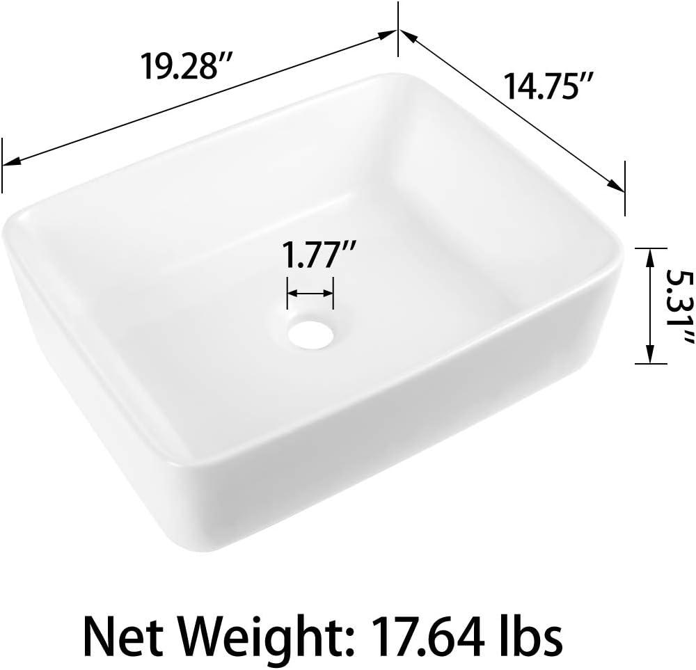 19"L x 15"W White Ceramic Rectangular Bathroom Vessel Sink Drop-in Vanity Sink