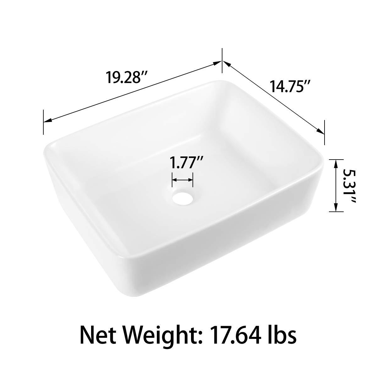 19"L x 15"W White Ceramic Rectangular Bathroom Vessel Sink Drop-in Vanity Sink