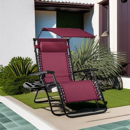 Best Choice Products Folding Zero Gravity Recliner Patio Lounge Chair w/ Canopy Shade, Headrest, Side Tray - Burgundy