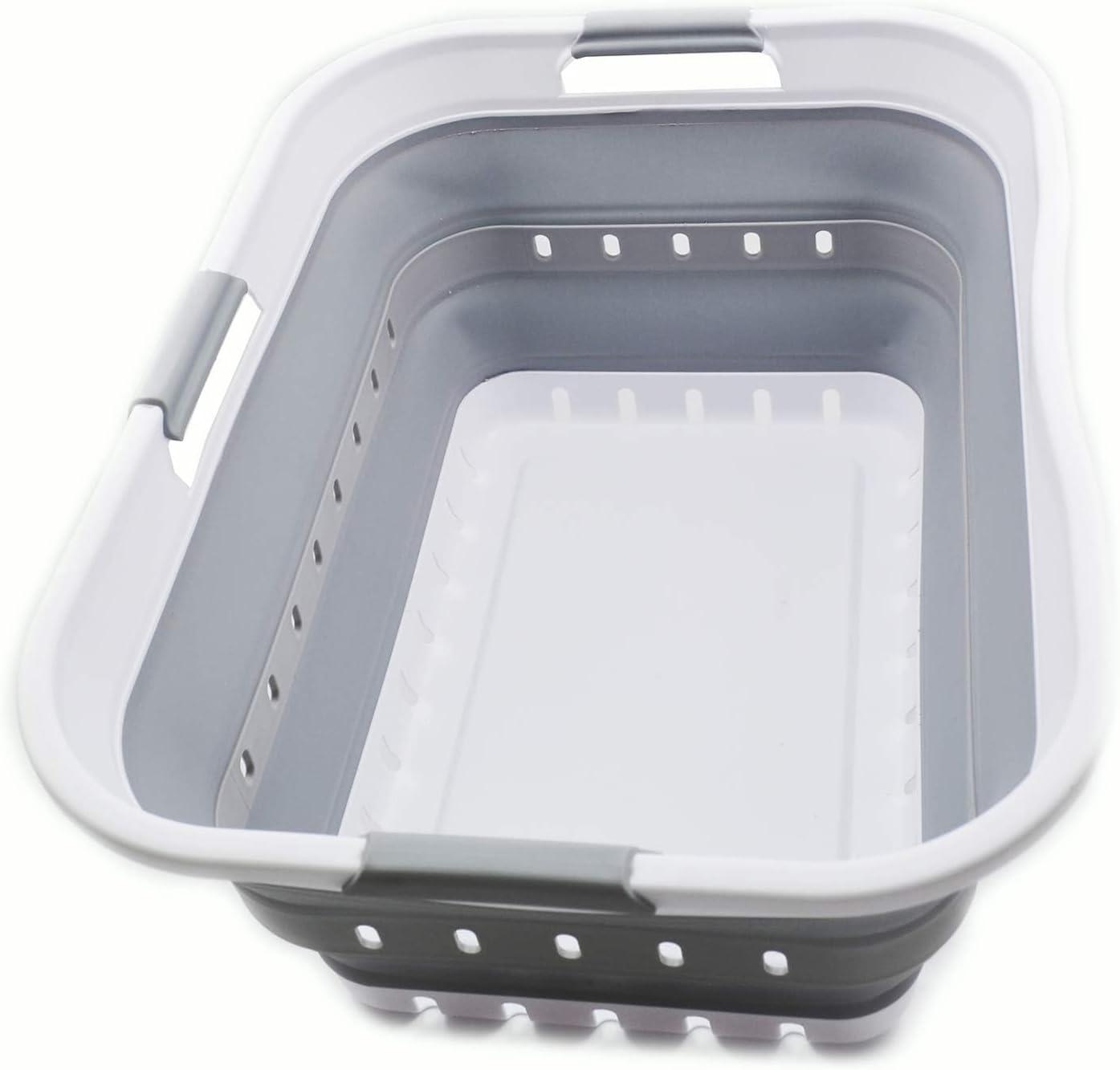SAMMART 42L (11 gallon) Collapsible Plastic Laundry Basket, White/Grey