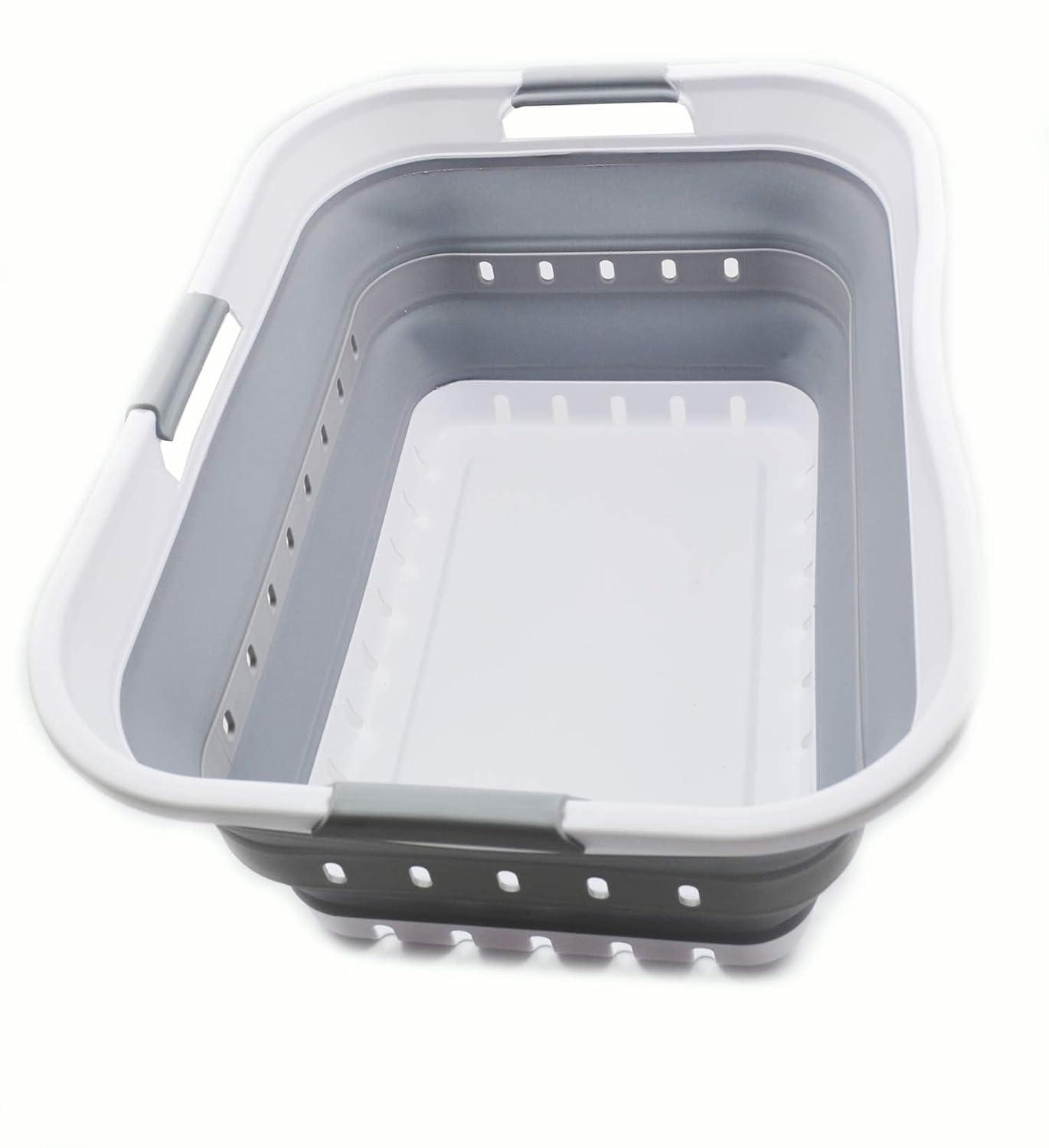 SAMMART 42L (11 gallon) Collapsible Plastic Laundry Basket, White/Grey