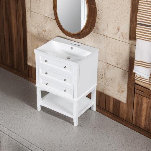 White 24'' Freestanding Bathroom Vanity with Ceramic Sink