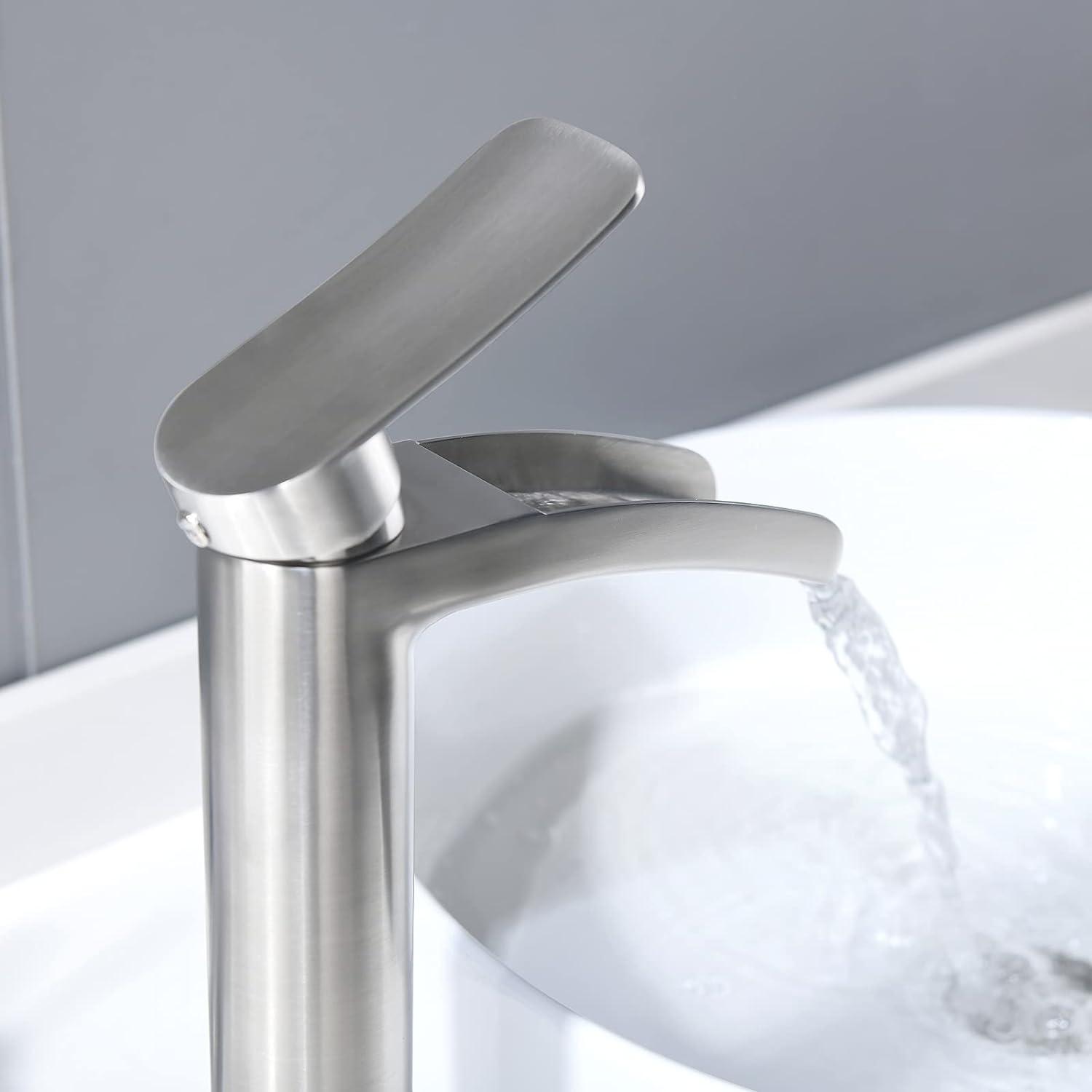 Brushed Nickel Tall Single Handle Waterfall Bathroom Faucet