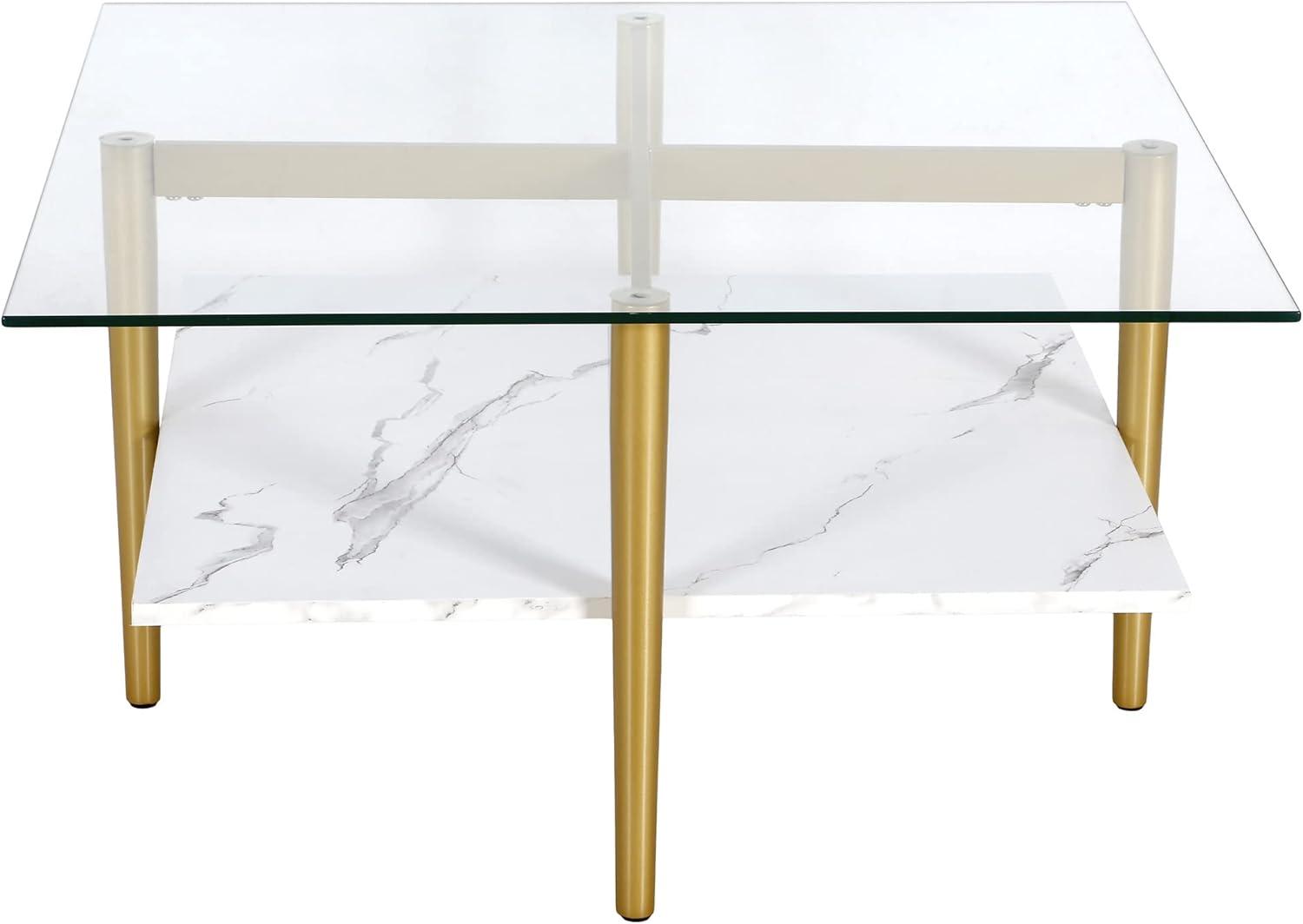 Evelyn&Zoe Otto 32" Wide Square Coffee Table with Faux Marble Shelf, Brass