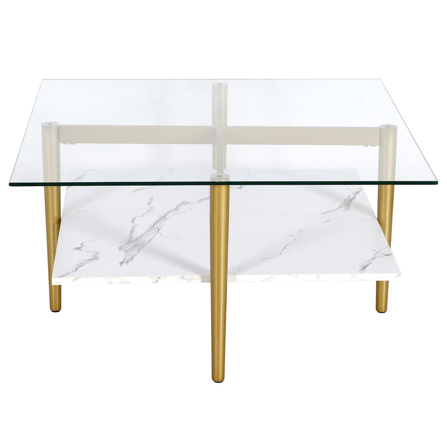 Evelyn&Zoe Otto 32" Wide Square Coffee Table with Faux Marble Shelf, Brass