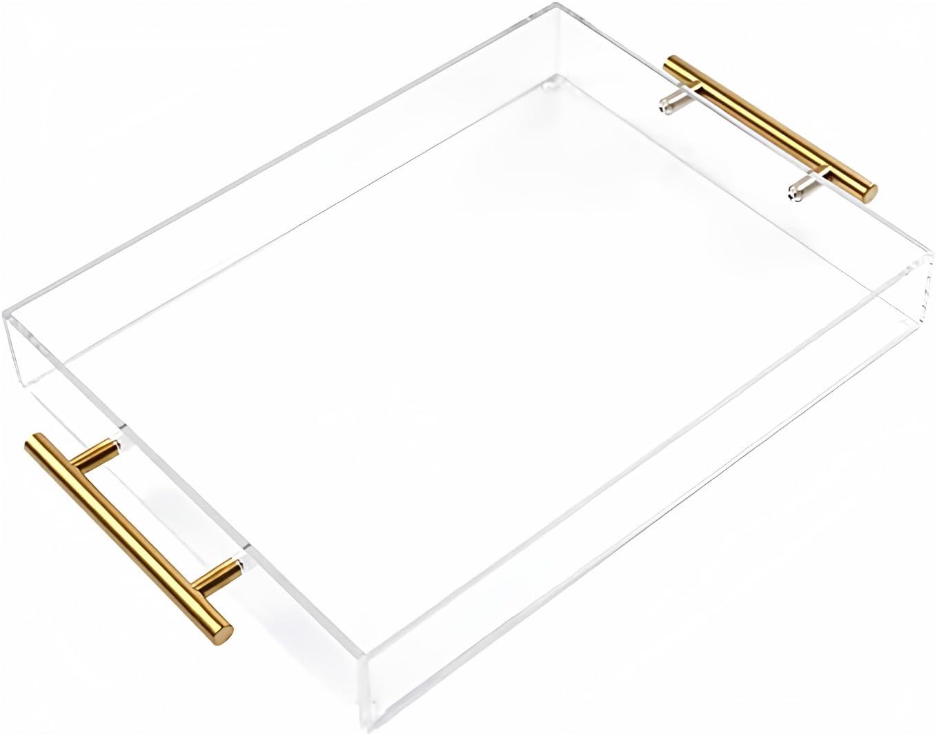 12"x12" Clear Acrylic Serving Tray with Golden Handles, Huge Capacity Sturdy Acrylic Tray for Coffee, Juice, Kitchen and Desk Organizer, Storage Tray (12"x12")