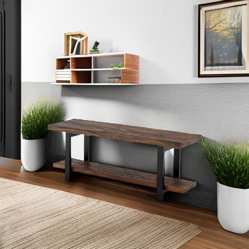 48" Pomona Solid Wood and Metal Entryway Bench Brown - Alaterre Furniture: Rustic Style, 2-Seater with Storage, Spot Clean