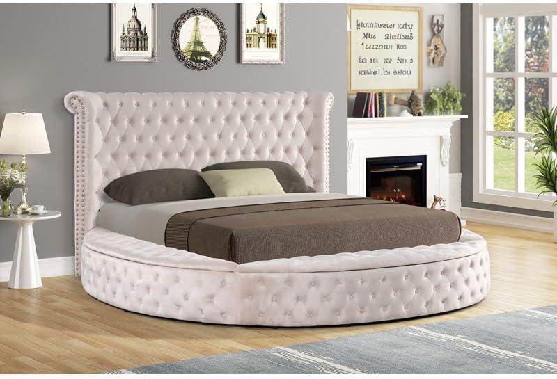 Ivory Velvet Tufted Upholstered King Round Platform Storage Bed