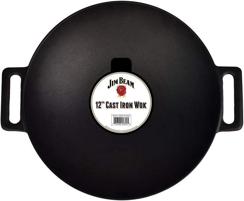 Cast Iron Wok, Jim Beam 12'' Grilling Wok, Pre Seasoned Cast Iron Wok with Handles, Wok Provides Superior Heat Retention and Even Cooking, Cast Iron Wok for Grill and Oven use