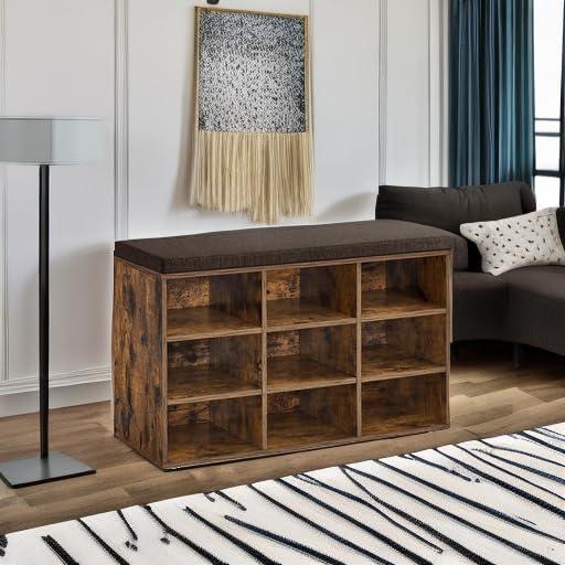 Rustic Brown Particleboard Shoe Bench with Cushion and Storage