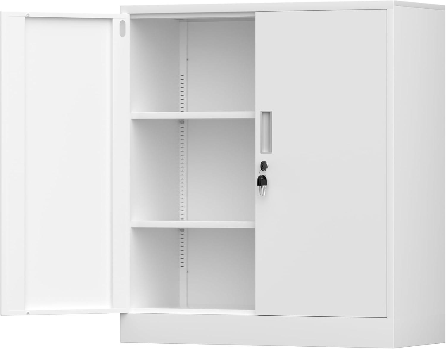 Nestora Steel Storage Cabinet Office Cabinet with Shelves and 2 Doors,White Metal Storage Cabinet, Locking Small Metal Cabinet,Steel Counter Cabinet with Lock for Garage Home Office Pantry