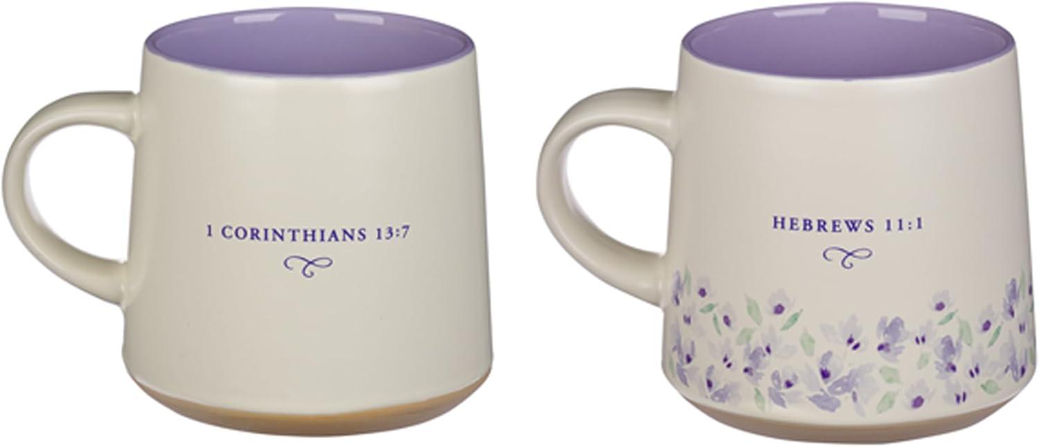 Christian Art Gifts Novelty Floral Ceramic Coffee & Tea Mug Set for Women: Faith & Love w/Encouraging Scripture, Microwave/Dishwasher Safe w/Clay Base - Set of 2 Large 14 oz. Cups, Lilac Purple/White