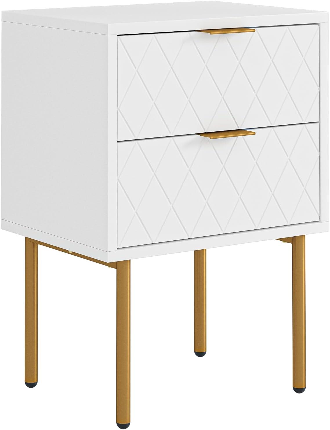 White and Gold Modern Nightstand with Drawer and Shelf