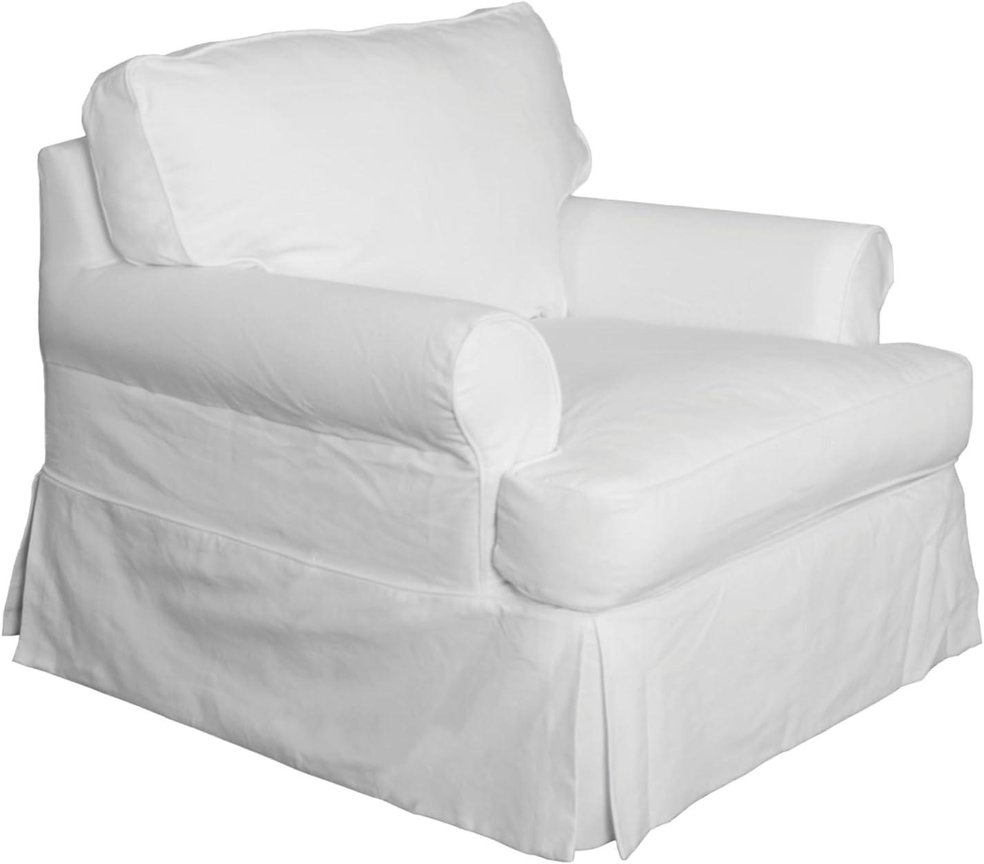 White Cotton Slipcovered T-Cushion Chaise with Wood Frame