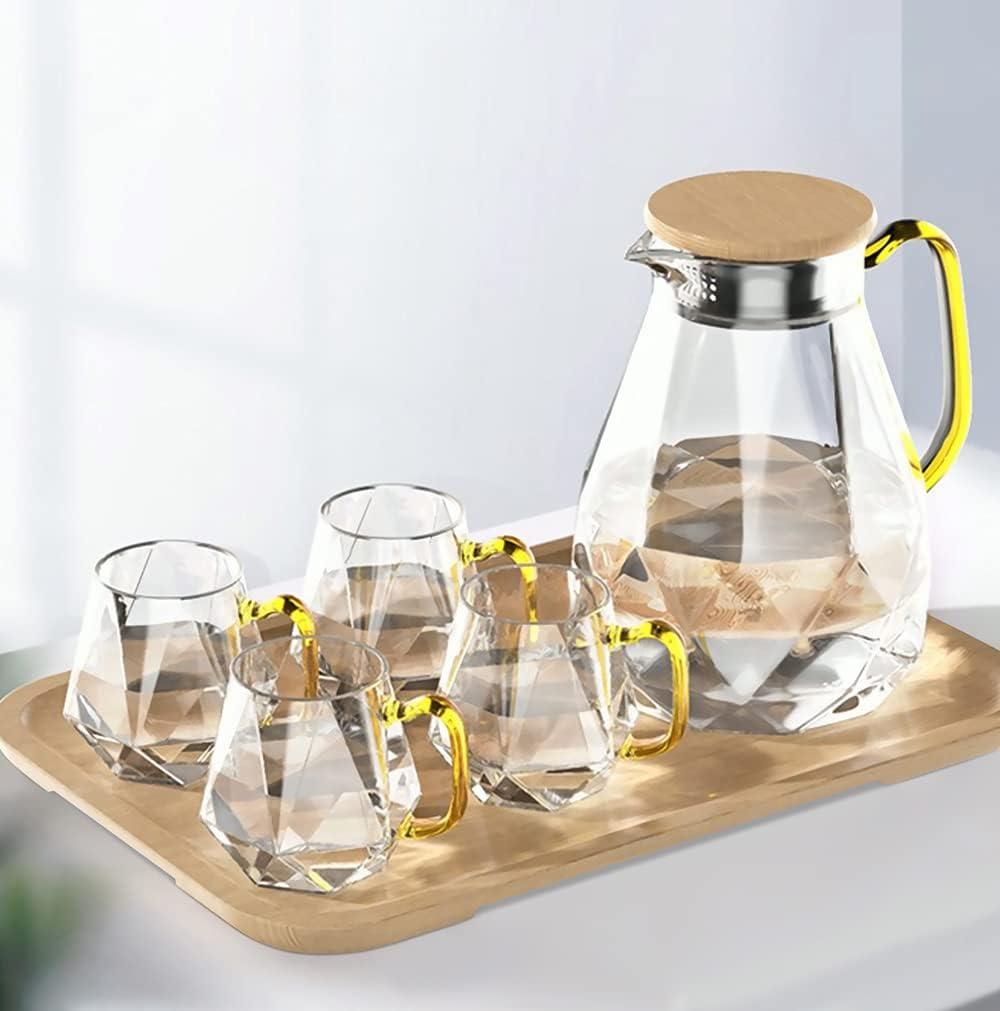 DUJUST Glass Pitcher Set (68 oz) with 4 Cups & 1 Tray, Elegant Diamond Design Water Pitcher with Handle, Durable Glass Jug for Fridge, Glass Carafe for Iced Tea/Juice/Beverage/Coffee/Drinks