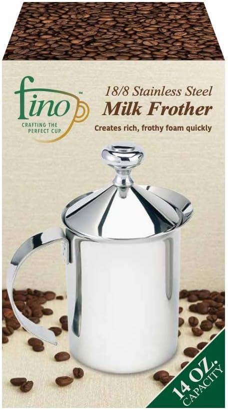 Fino Milk Creamer Frother Cappuccino Foam Pitcher with Handle and Lid, 18/8 Stainless Steel, 14-Ounce Capacity