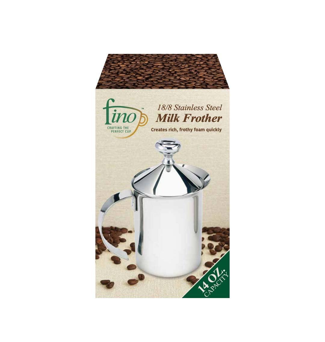 Fino Milk Creamer Frother Cappuccino Foam Pitcher with Handle and Lid, 18/8 Stainless Steel, 14-Ounce Capacity