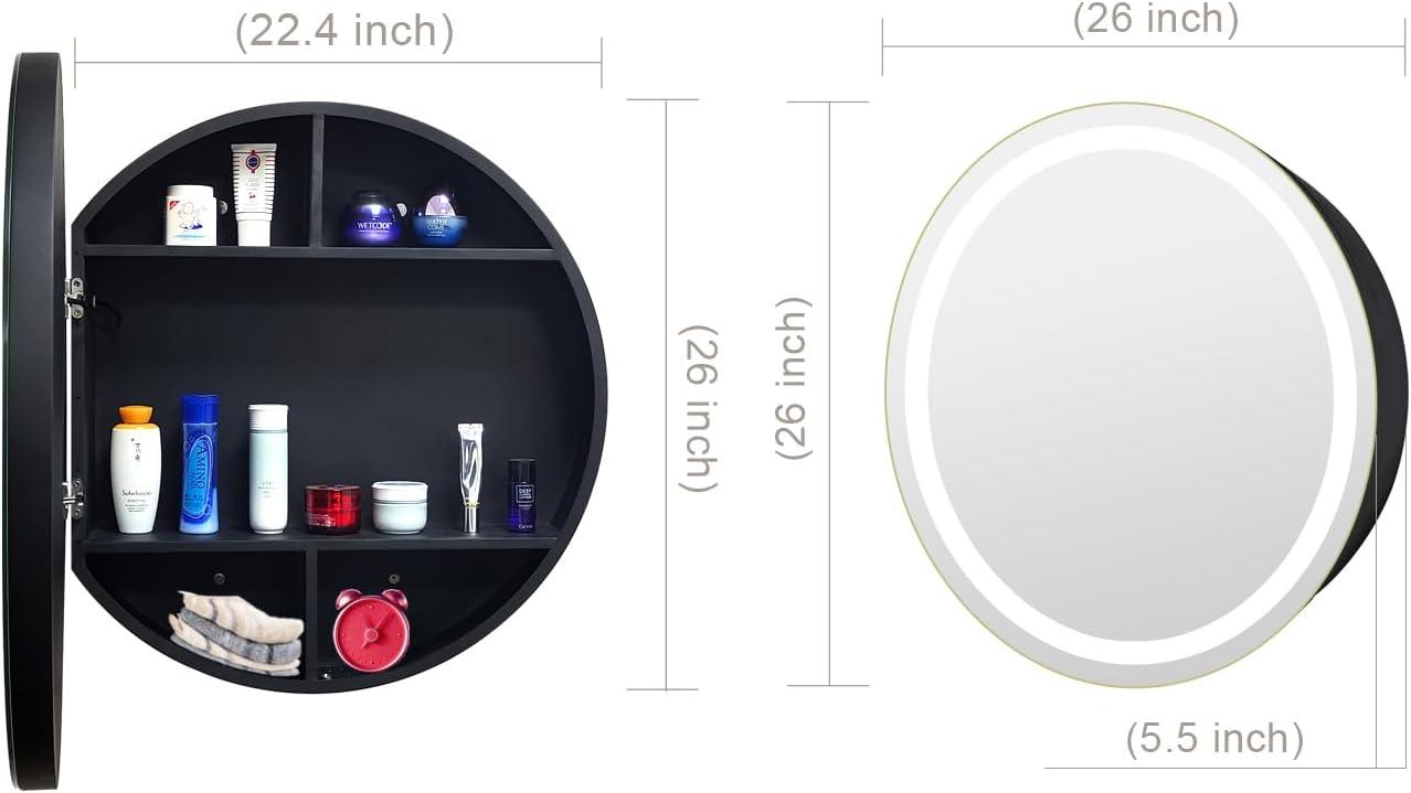 26" Round Black Steel LED Medicine Cabinet with Defogger