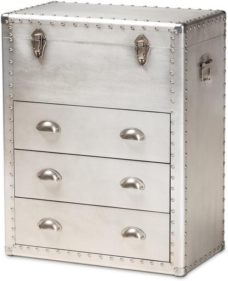 Silver Mid-Century Industrial Metal 3-Drawer Storage Chest