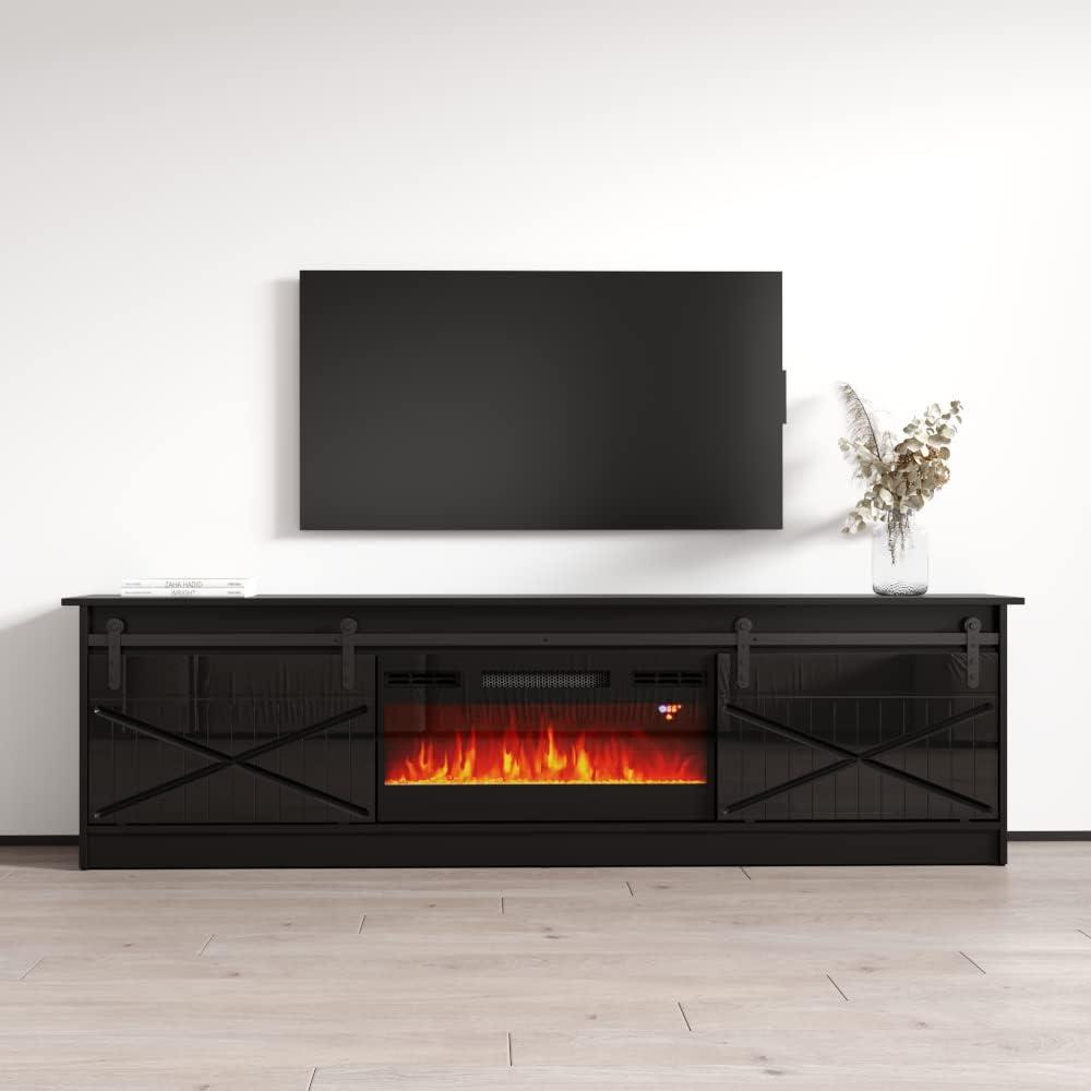 Granero BL-EF Fireplace TV Stand for TVs up to 90", Modern High Gloss 79" Entertainment Center, Electric Fireplace TV Media Console with Storage Cabinets