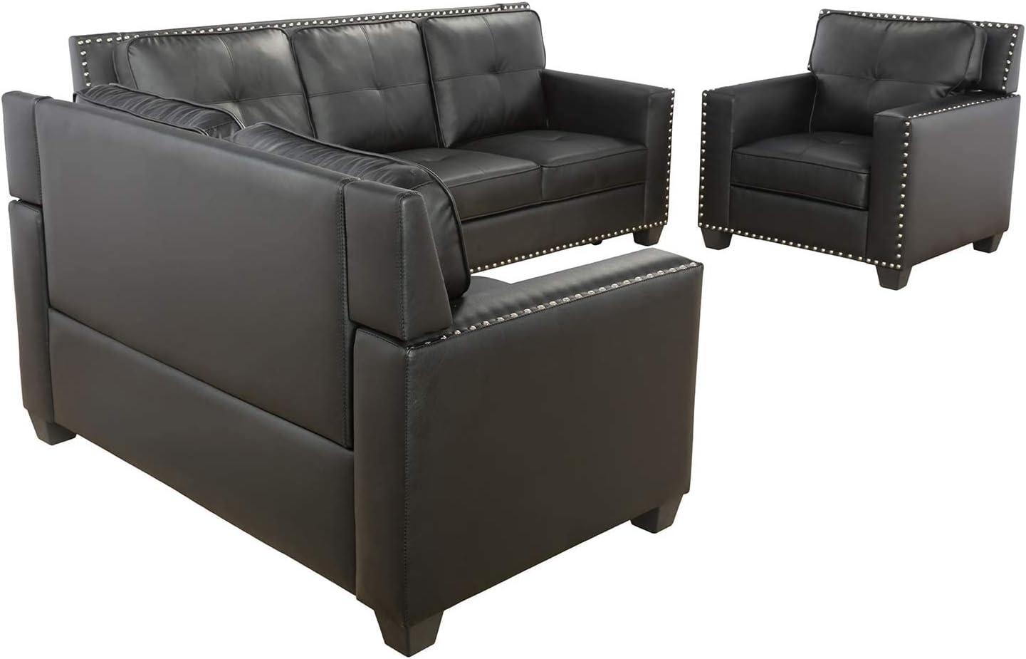 Golden Furniture 3 PCS Faux Leather Sofa Couch Set, Black Living Room Set with Sofa, Loveseat and Chair