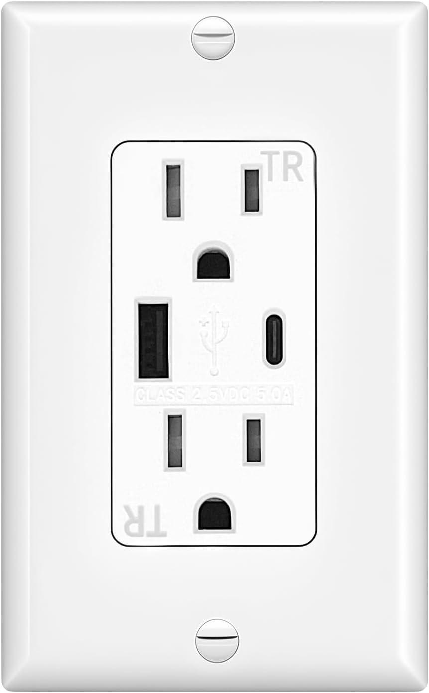 USB Outlet Receptacle, Tamper-Resistant Outlet with USB C & USB A Wall Charger Outlet, 5.0A Electrical USB Outlet, UL & CUL Listed, Wall Plate Included, White