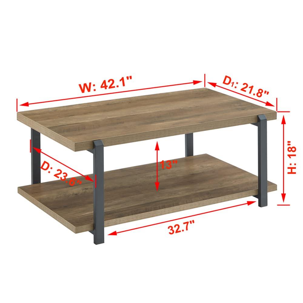 FOLUBAN Industrial Coffee Table with Shelf, Wood and Metal Rustic Cocktail Table for Living Room, Oak