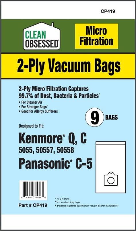 EnviroCare Replacement Micro Filtration Vacuum Cleaner Bags Made to fit Kenmore Canister Type C or Q 50555, 50558, 50557 and Panasonic Type C-5 9 Pack