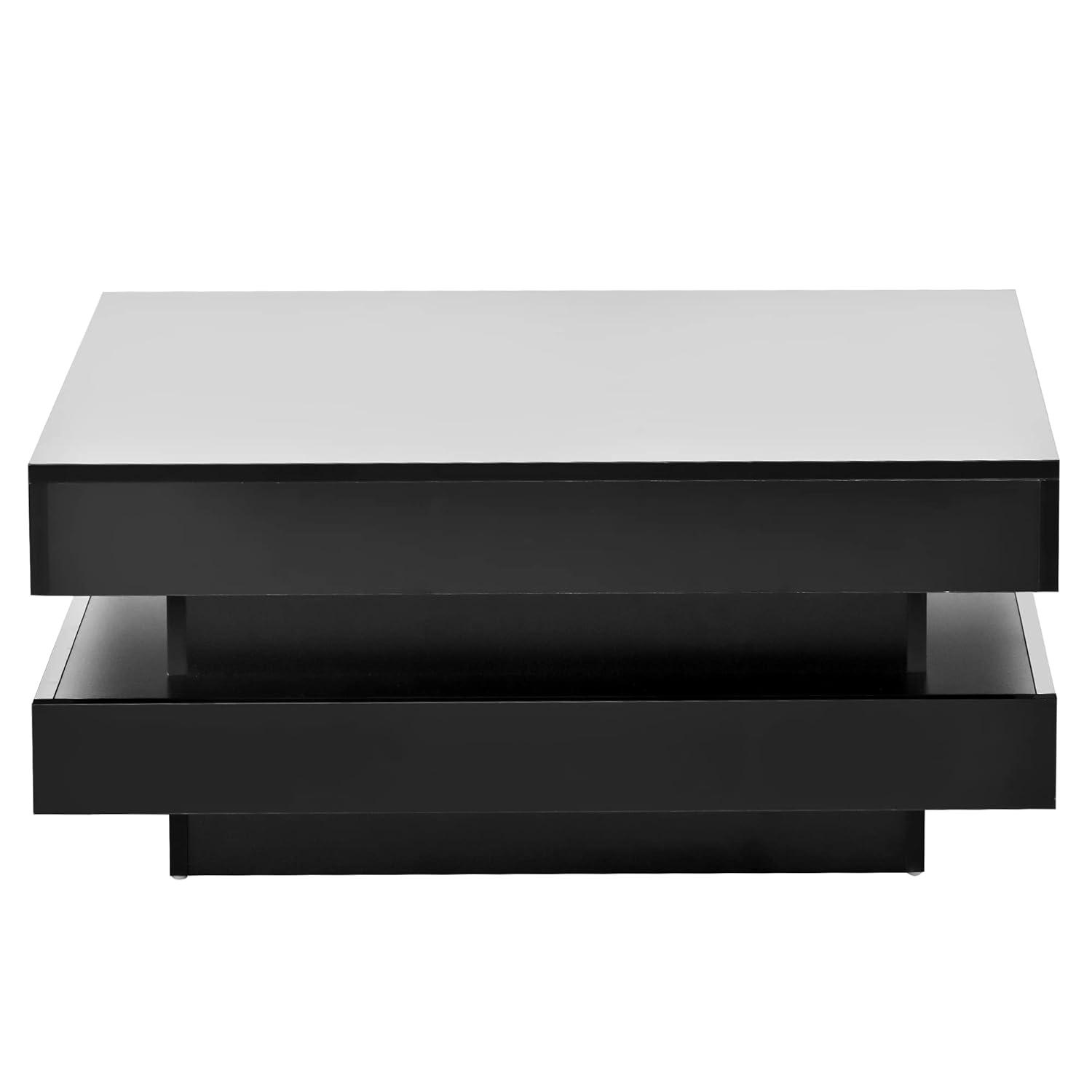 Modern Coffee Table, 2-Tier Square Coffee Table with Plug-in 16-Color LED Lights, High Gloss Coffee Table, Center Table for Living Room, 31.5”x31.5”x14.2”, Black