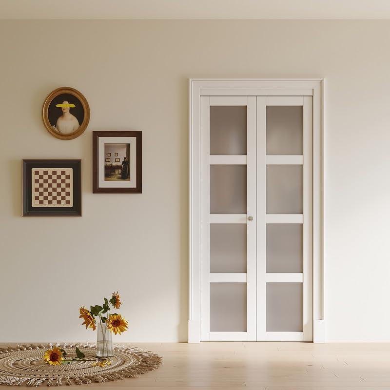 EASELIFE Frosted Glass And Solid Manufactured Wood Bi-Fold Door With Installation Hardware Kit
