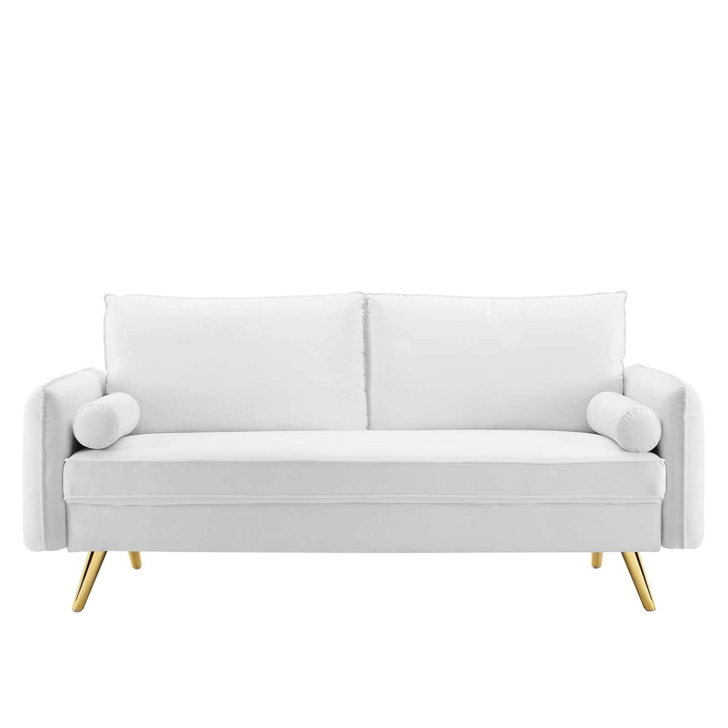 Revive Performance Velvet Sofa White - Modway: Upholstered Couch with Gold Legs & Bolster Pillows